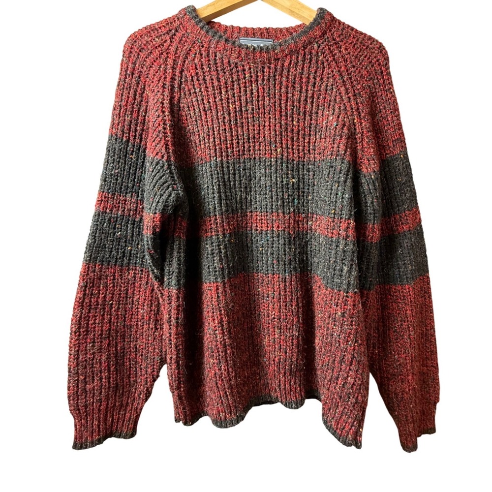 VTG Mens Striped Wool Blend Crewneck Sweater Burgundy Grey L Eclectic Grandpa‎